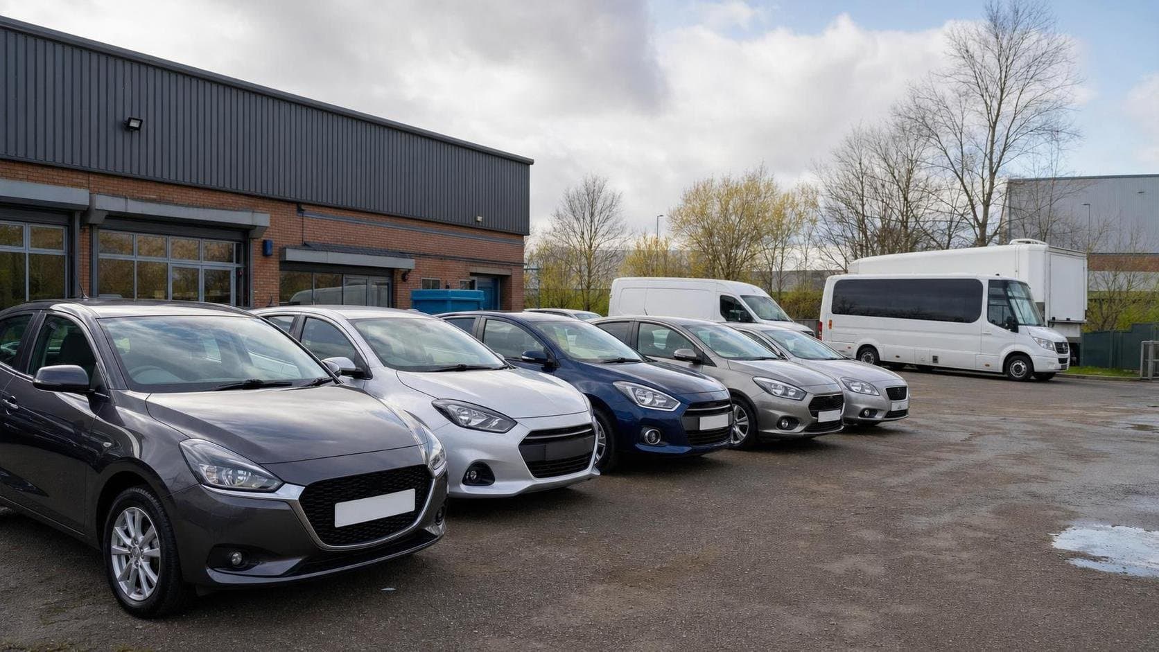 Compact hire cars at a modern vehicle rental site in Warrington with larger vehicles in the background