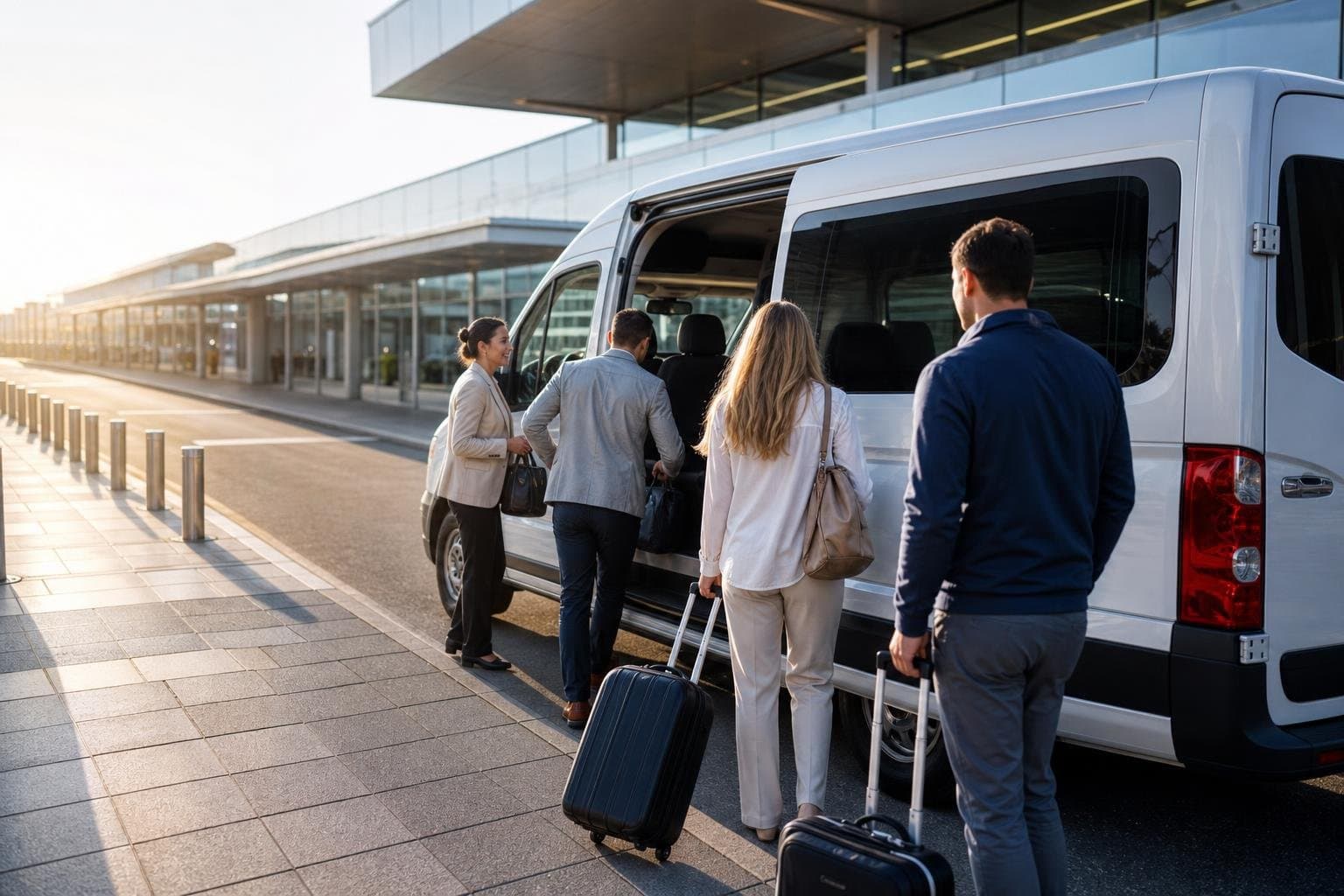 Minibus with passengers and luggage at an airport-style drop-off area