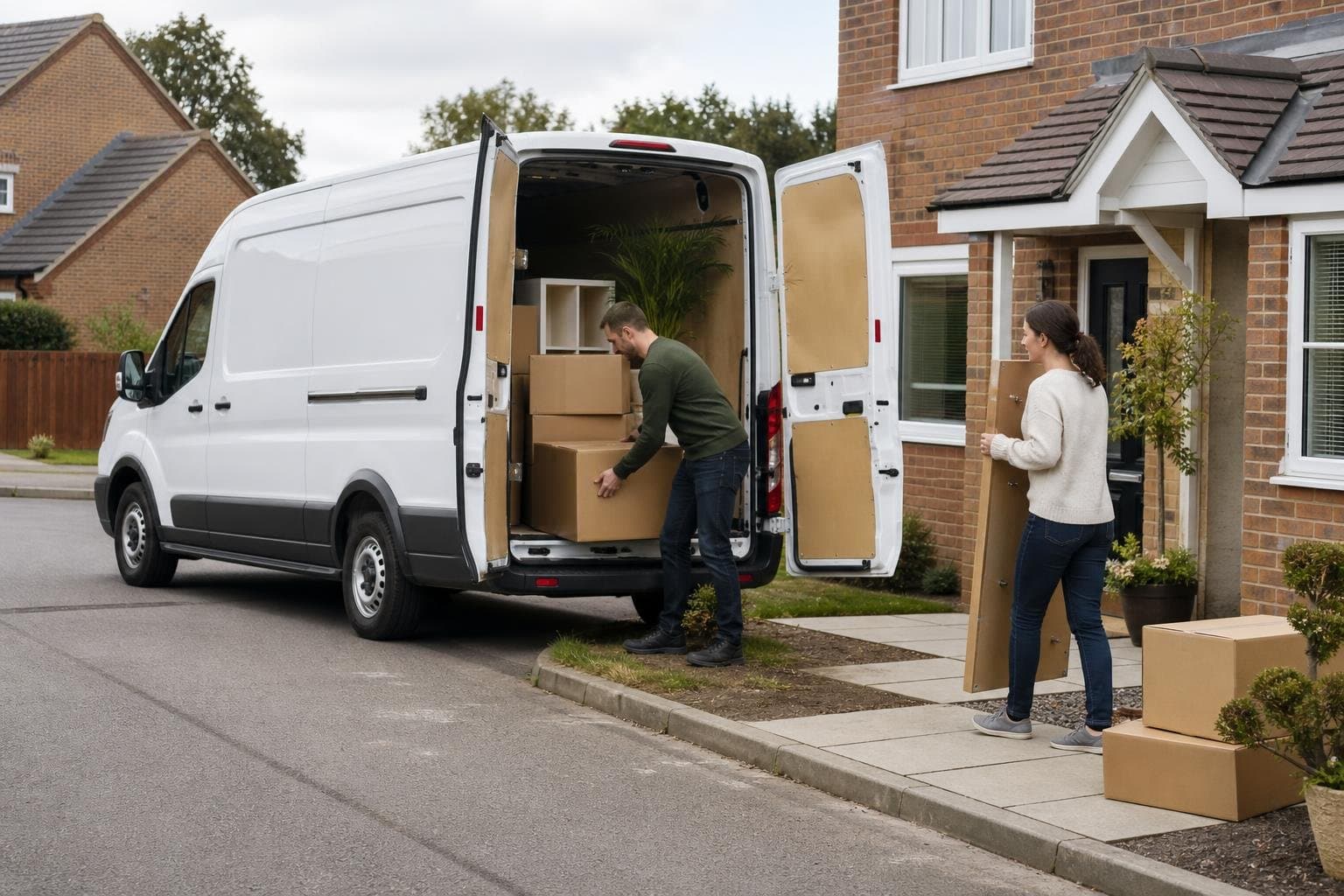 White hire van being loaded with boxes outside a home on a residential street